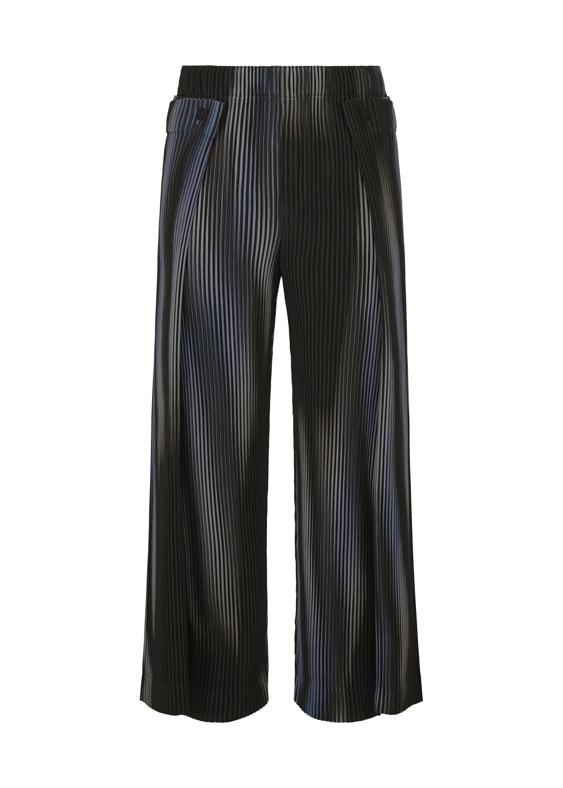 Zoomed view The BLEND OF LIGHTS pants by HOMME PLISSÉ ISSEY MIYAKE feature a wide-leg, high-waisted design with pinstripes, button-fly closure, and a satin-like finish, displayed against a white background. - BLUE （no.72）