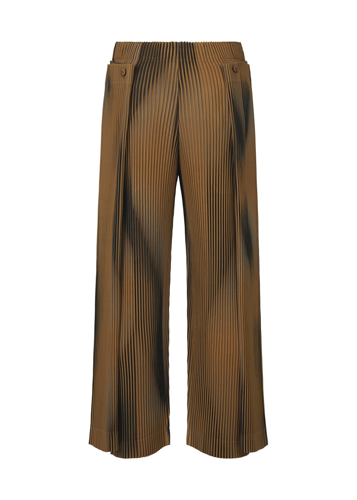 The BLEND OF LIGHTS wide-leg pants by HOMME PLISSÉ ISSEY MIYAKE feature a high-waisted, relaxed fit in brown with black stripes, side waistband buttons, and a flowing silhouette. view 4 of 8