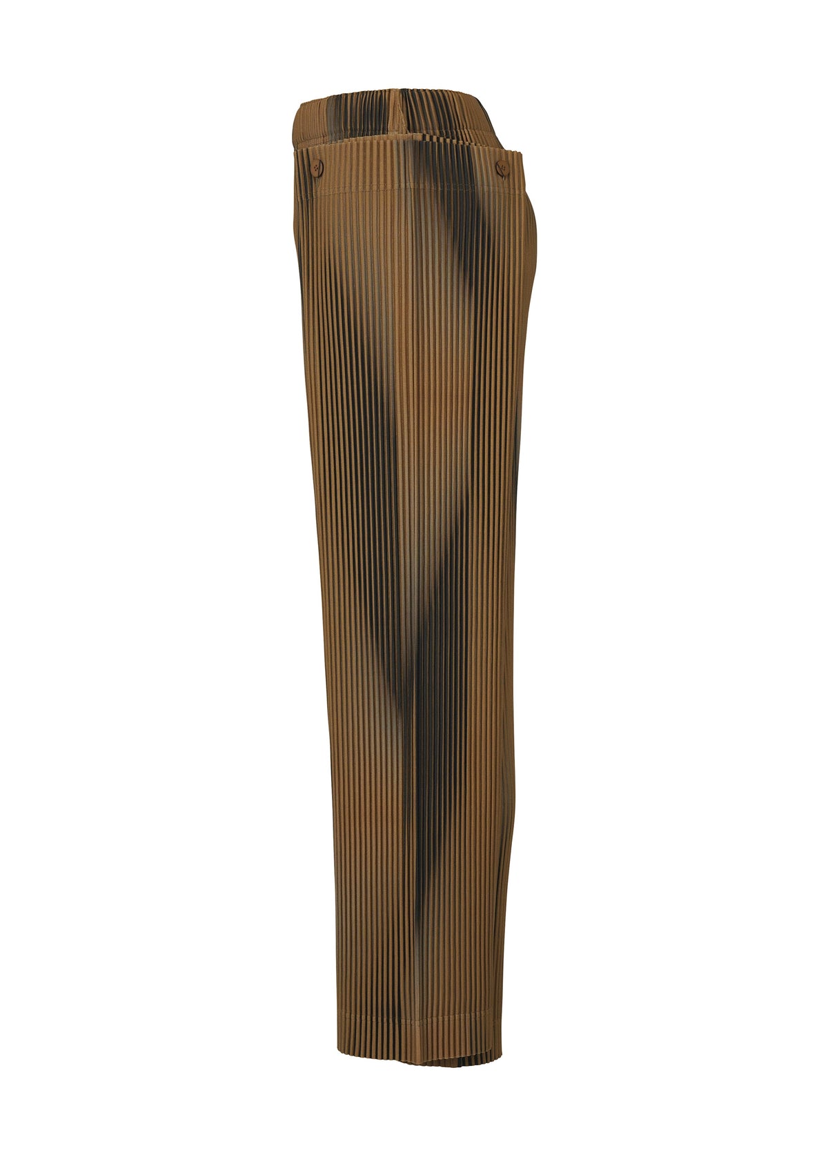 The BLEND OF LIGHTS pants by HOMME PLISSÉ ISSEY MIYAKE feature brown vertical stripes, a high waist, relaxed straight-leg fit, and button-fly detail, shown from the side against a white background. view 5 of 8