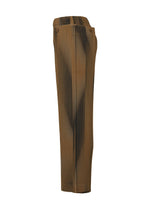 The BLEND OF LIGHTS pants by HOMME PLISSÉ ISSEY MIYAKE feature brown vertical stripes, a high waist, relaxed straight-leg fit, and button-fly detail, shown from the side against a white background.
