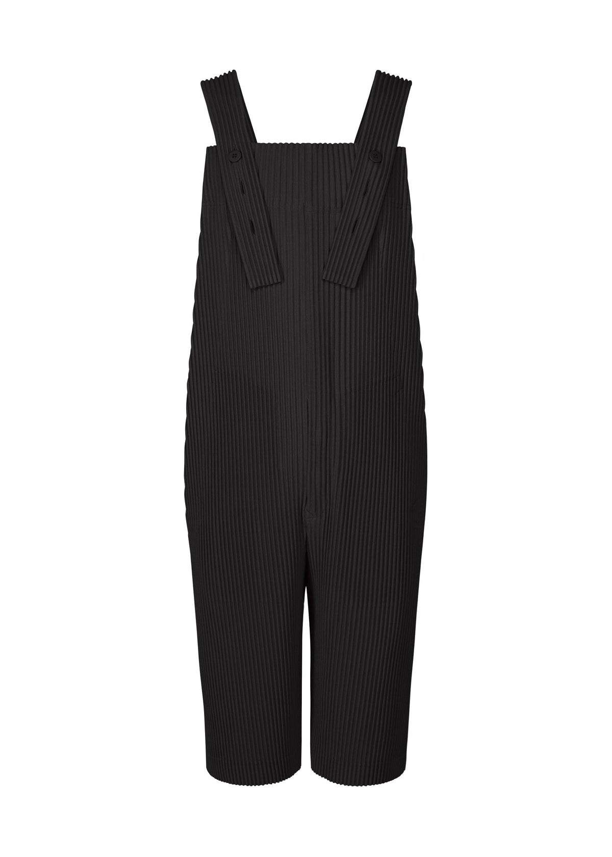 The HOMME PLISSÉ ISSEY MIYAKE PLEATS BOTTOMS 1 is a black, knee-length sleeveless pleated jumpsuit with wide ribbed pinstripes, thick shoulder straps, and practical pockets, shown on a plain white background. view 1 of 5