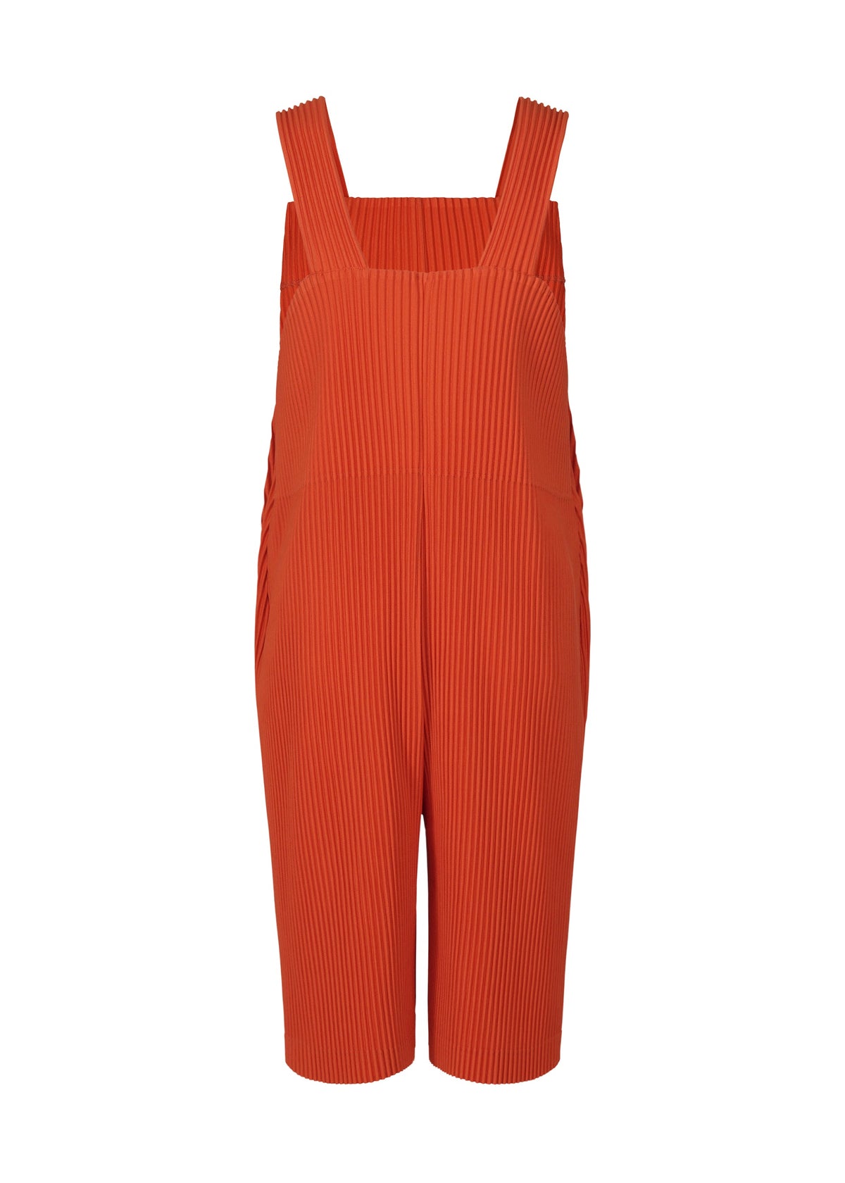 The PLEATS BOTTOMS 1 by HOMME PLISSÉ ISSEY MIYAKE features a vibrant orange hue, sleeveless pleated design, wide straps, vertical ribbed texture, button-fly front, and modern knee-length shorts. view 2 of 5