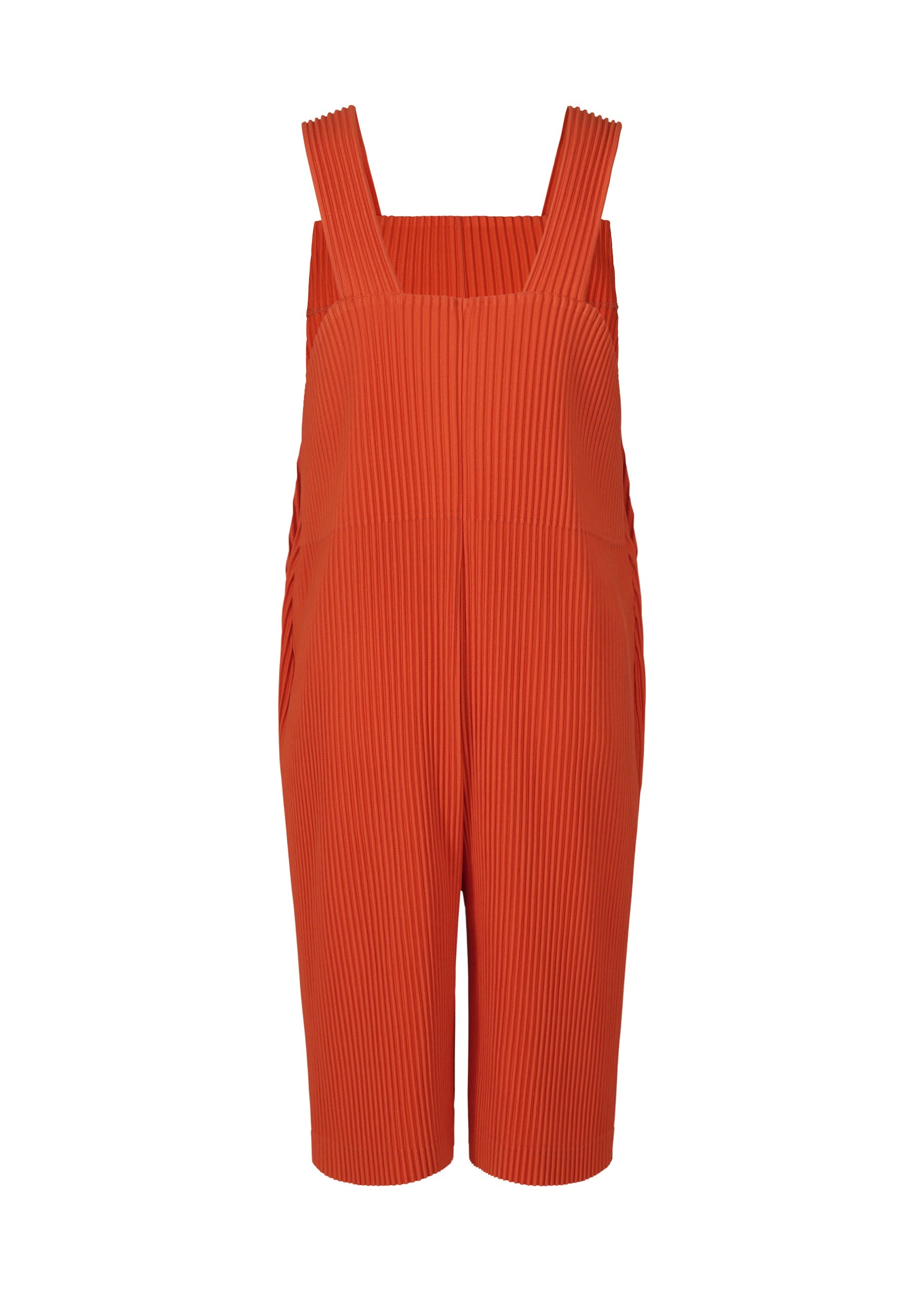 Zoomed view The PLEATS BOTTOMS 1 by HOMME PLISSÉ ISSEY MIYAKE features a vibrant orange hue, sleeveless pleated design, wide straps, vertical ribbed texture, button-fly front, and modern knee-length shorts.