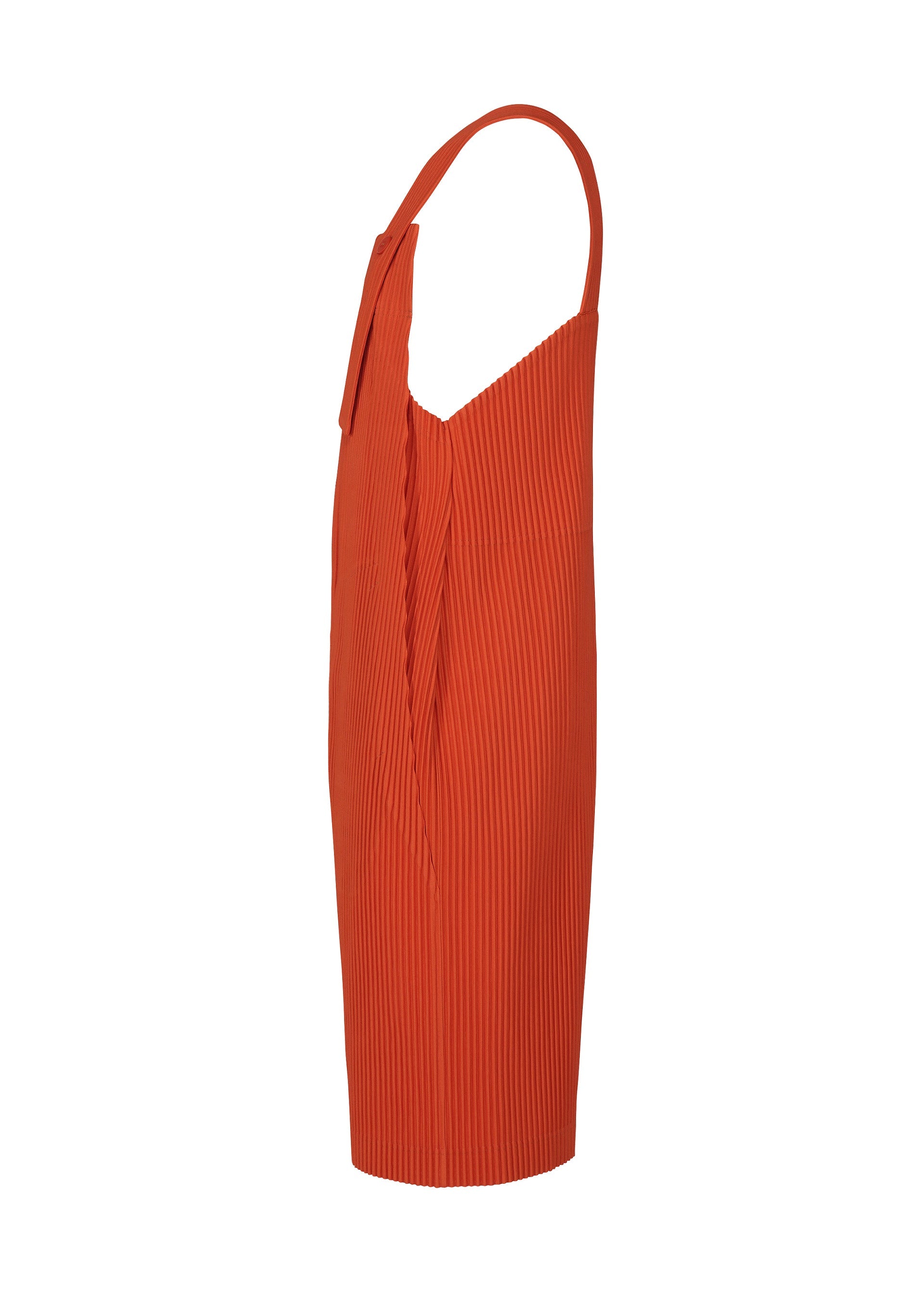 Zoomed view Side view of HOMME PLISSÉ ISSEY MIYAKE's PLEATS BOTTOMS 1 in orange, showcasing knee-length, pleated textured fabric, thin straps, loose straight fit with a slight v-neck, subtle side folds, and discreet pockets for practicality.