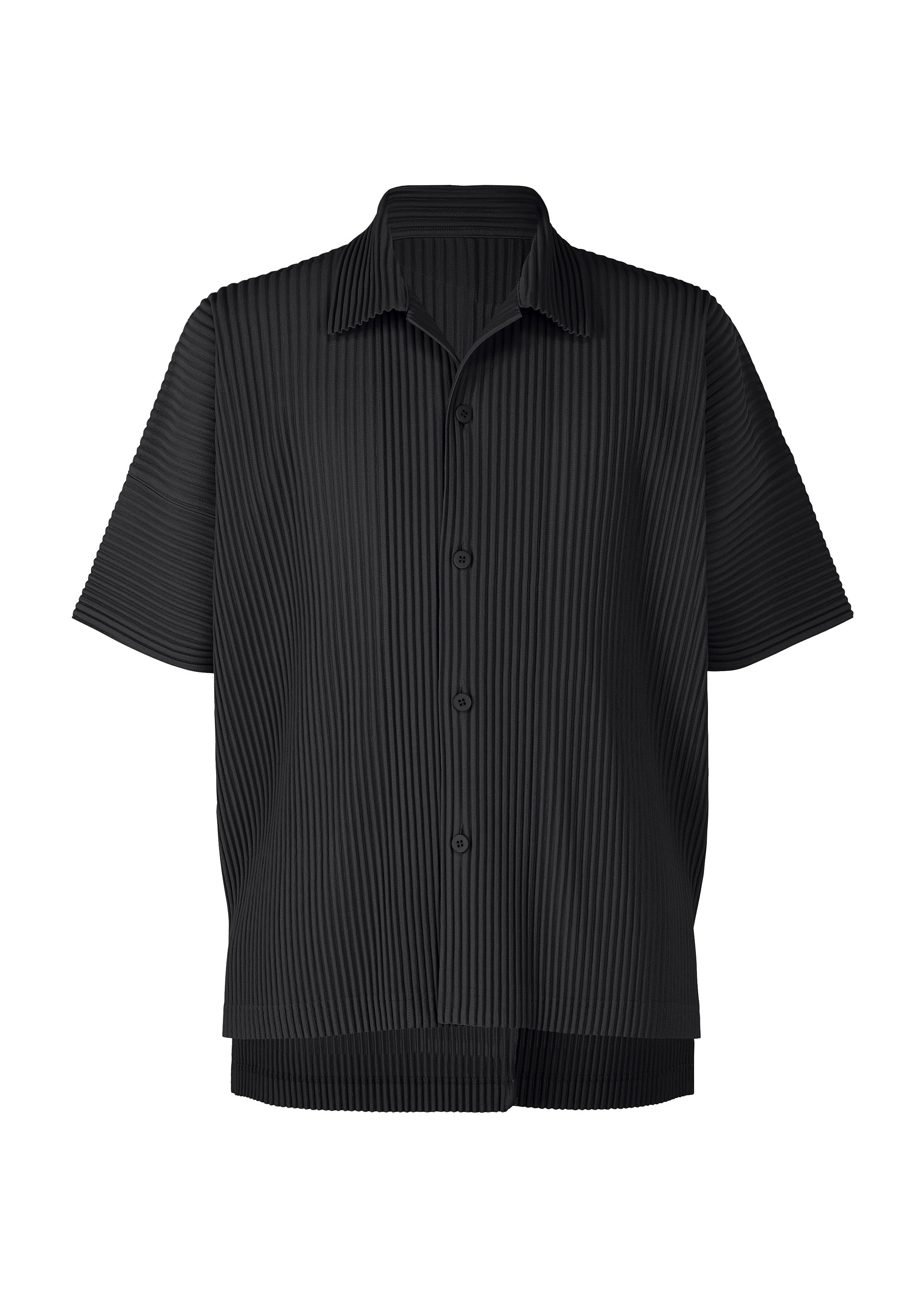 Zoomed view The MONTHLY COLORS : AUGUST shirt by HOMME PLISSÉ ISSEY MIYAKE is a black, short-sleeved, button-up open collar shirt made from quick-drying polyester with a subtle vertical pleated texture and a pointed collar, offering lightweight comfort and shown against a plain white background. - BLACK （no.15）