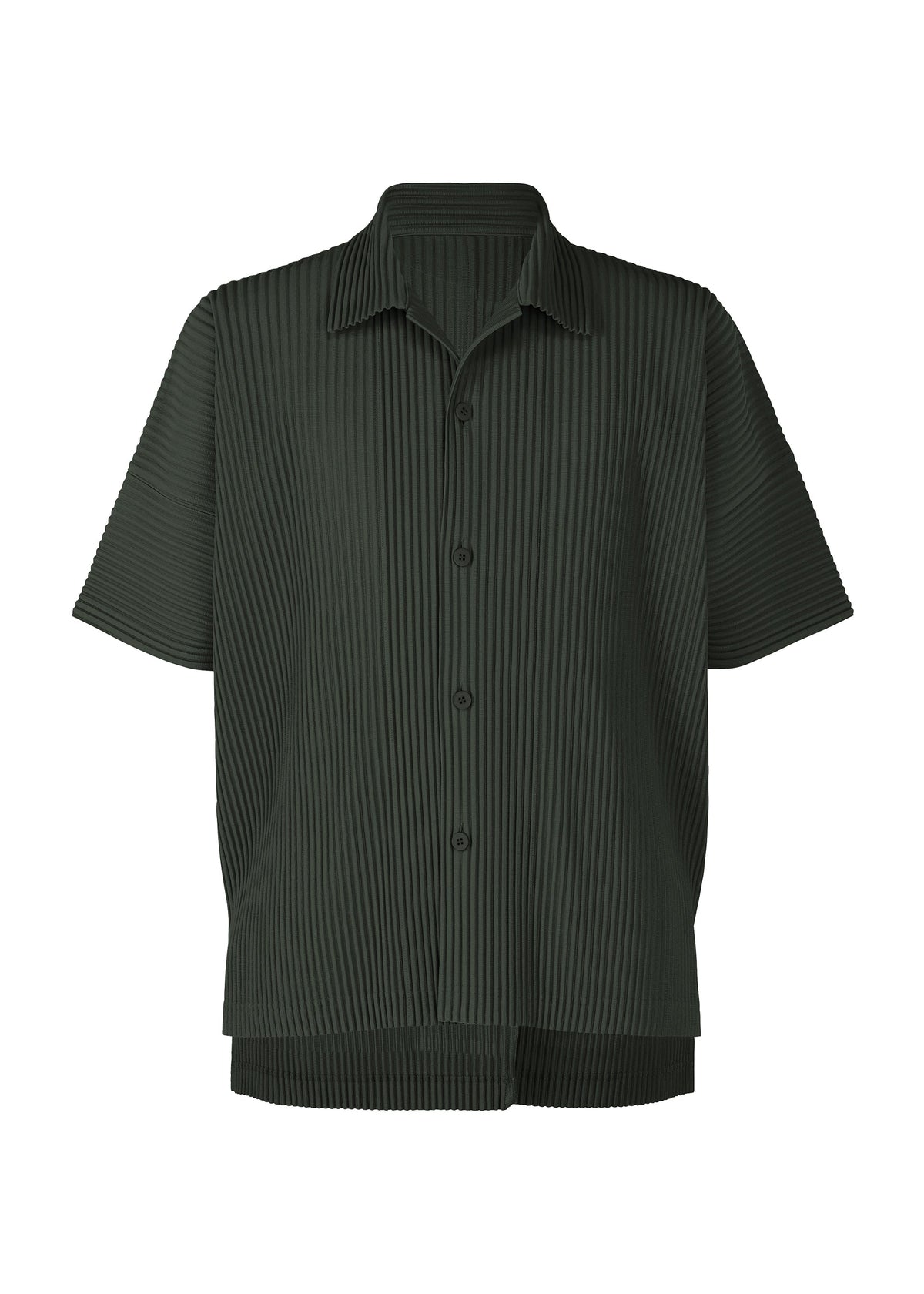Introducing the MONTHLY COLORS : AUGUST shirt by HOMME PLISSÉ ISSEY MIYAKE—a dark green, short-sleeved button-up with vertical pleats, a loose fit, and an open folded collar. Made from quick-drying polyester, it boasts a lightweight feel and signature ribbed texture for a relaxed, contemporary style. view 2 of 8