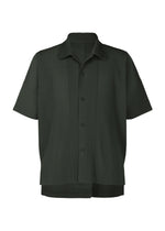 Introducing the MONTHLY COLORS : AUGUST shirt by HOMME PLISSÉ ISSEY MIYAKE—a dark green, short-sleeved button-up with vertical pleats, a loose fit, and an open folded collar. Made from quick-drying polyester, it boasts a lightweight feel and signature ribbed texture for a relaxed, contemporary style. - INKY GRAY （no.19）