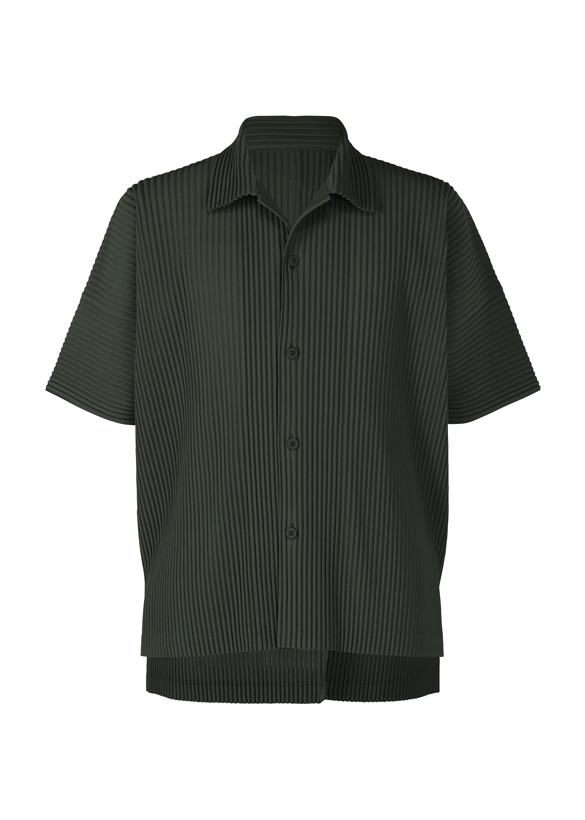 Zoomed view Introducing the MONTHLY COLORS : AUGUST shirt by HOMME PLISSÉ ISSEY MIYAKE—a dark green, short-sleeved button-up with vertical pleats, a loose fit, and an open folded collar. Made from quick-drying polyester, it boasts a lightweight feel and signature ribbed texture for a relaxed, contemporary style. - INKY GRAY （no.19）