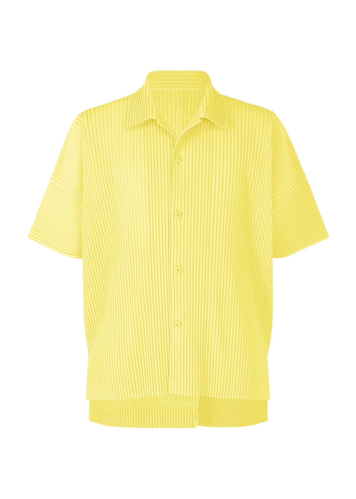 The MONTHLY COLORS : AUGUST shirt by HOMME PLISSÉ ISSEY MIYAKE is a short-sleeved, button-up yellow open collar shirt with vertical pleated stripes, displayed on a white background and crafted from quick-drying polyester for lightweight comfort. view 3 of 8