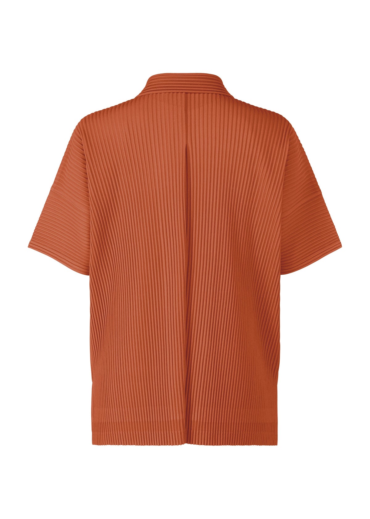 Back view of the HOMME PLISSÉ ISSEY MIYAKE MONTHLY COLORS : AUGUST short-sleeve open collar shirt in rust orange, showcasing a lightweight, vertically pleated texture throughout the fabric. view 4 of 8