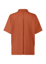 Back view of the HOMME PLISSÉ ISSEY MIYAKE MONTHLY COLORS : AUGUST short-sleeve open collar shirt in rust orange, showcasing a lightweight, vertically pleated texture throughout the fabric.