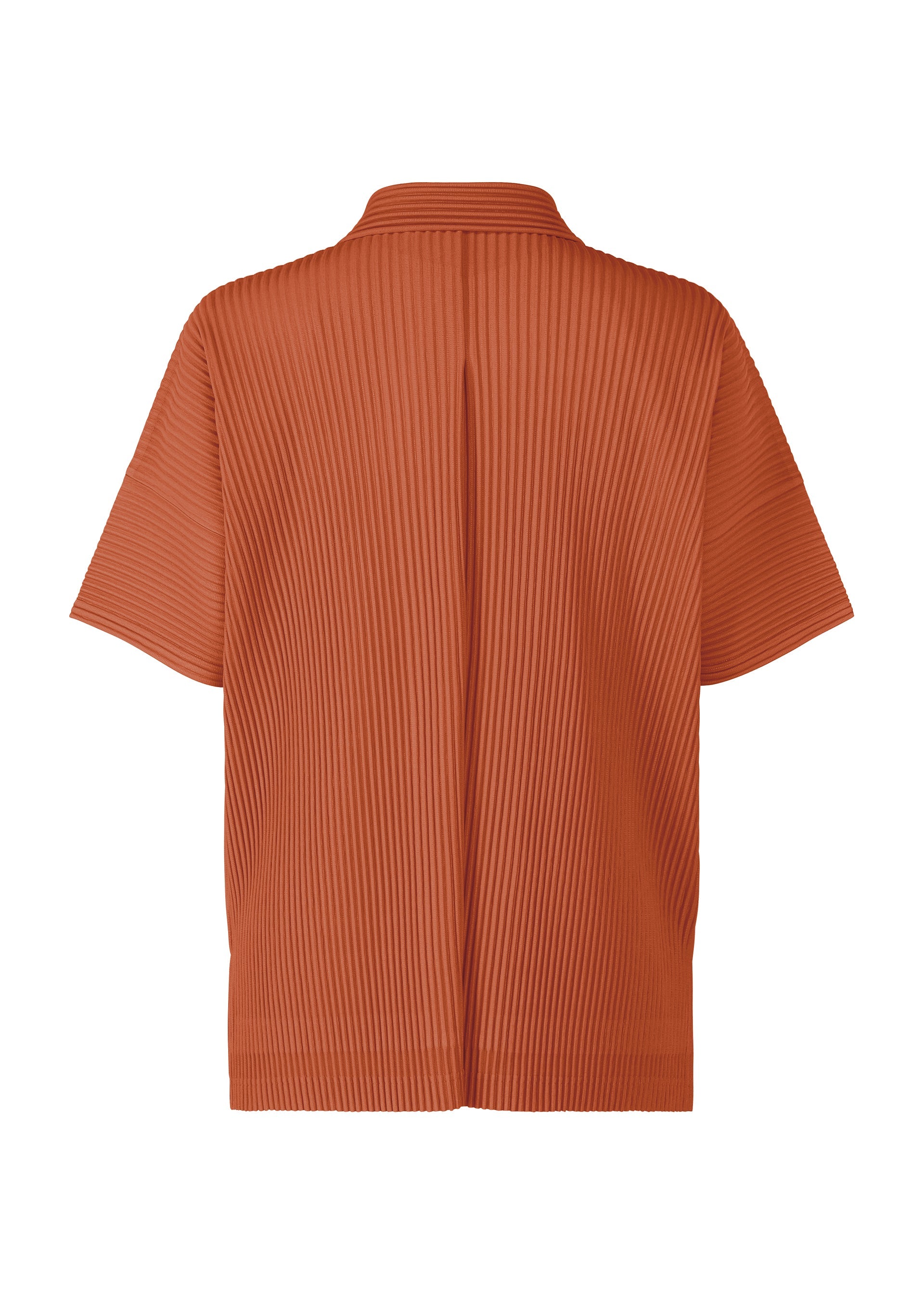 Zoomed view Back view of the HOMME PLISSÉ ISSEY MIYAKE MONTHLY COLORS : AUGUST short-sleeve open collar shirt in rust orange, showcasing a lightweight, vertically pleated texture throughout the fabric.