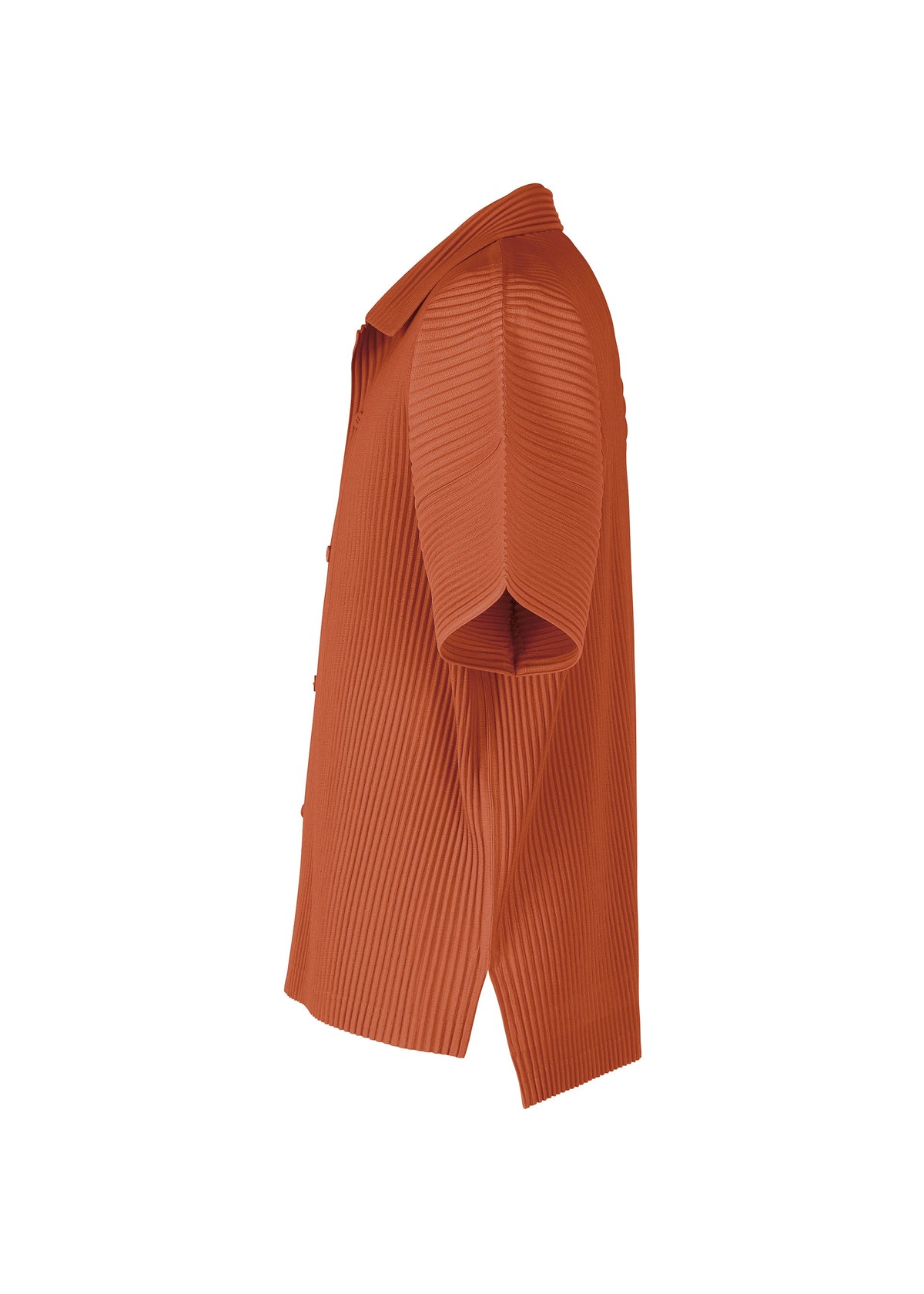 Side view of the HOMME PLISSÉ ISSEY MIYAKE MONTHLY COLORS : AUGUST short-sleeved, ribbed, orange open-collar shirt with buttons, crafted from quick-drying polyester for lightweight comfort, isolated on a white background. view 5 of 8