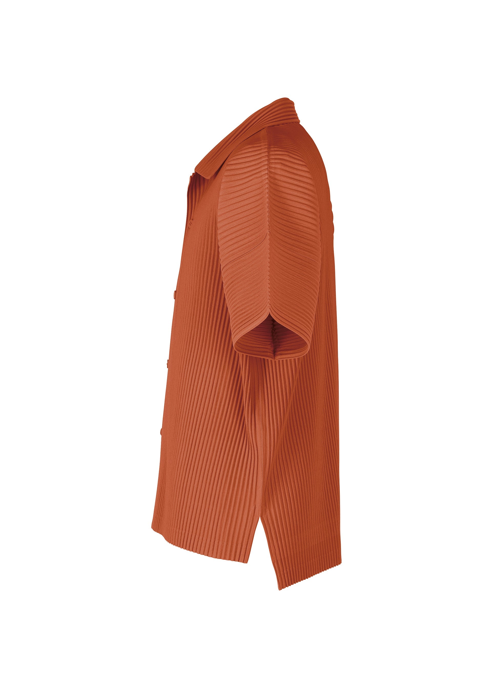 Zoomed view Side view of the HOMME PLISSÉ ISSEY MIYAKE MONTHLY COLORS : AUGUST short-sleeved, ribbed, orange open-collar shirt with buttons, crafted from quick-drying polyester for lightweight comfort, isolated on a white background.