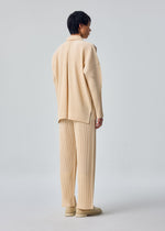 A model faces away, dressed in HOMME PLISSÉ ISSEY MIYAKE MONTHLY COLORS : OCTOBER—a loose beige ribbed suit with matching pants and shoes, open collar shirt, set against a plain light gray background.