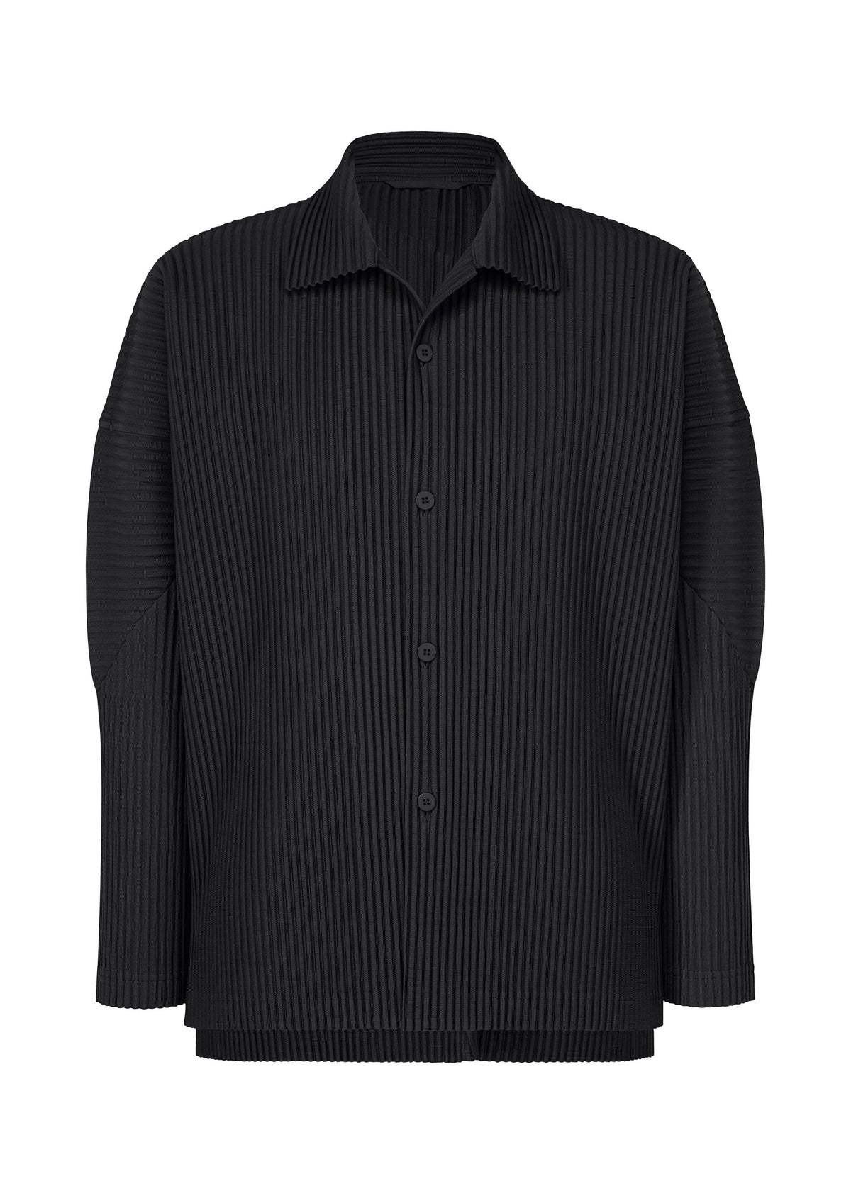 Zoomed view The MONTHLY COLORS : OCTOBER by HOMME PLISSÉ ISSEY MIYAKE is a black, long-sleeved open-collar shirt with a button front and vertical pleats, made from quick-drying polyester, shown on a plain white background. - BLACK （no.15）