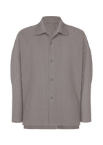 The MONTHLY COLORS : OCTOBER by HOMME PLISSÉ ISSEY MIYAKE is a light gray, long-sleeve, button-up shirt with a pointed open collar, vertical ribbed texture, relaxed fit, and quick-drying polyester fabric. - DIM GRAY （no.18）