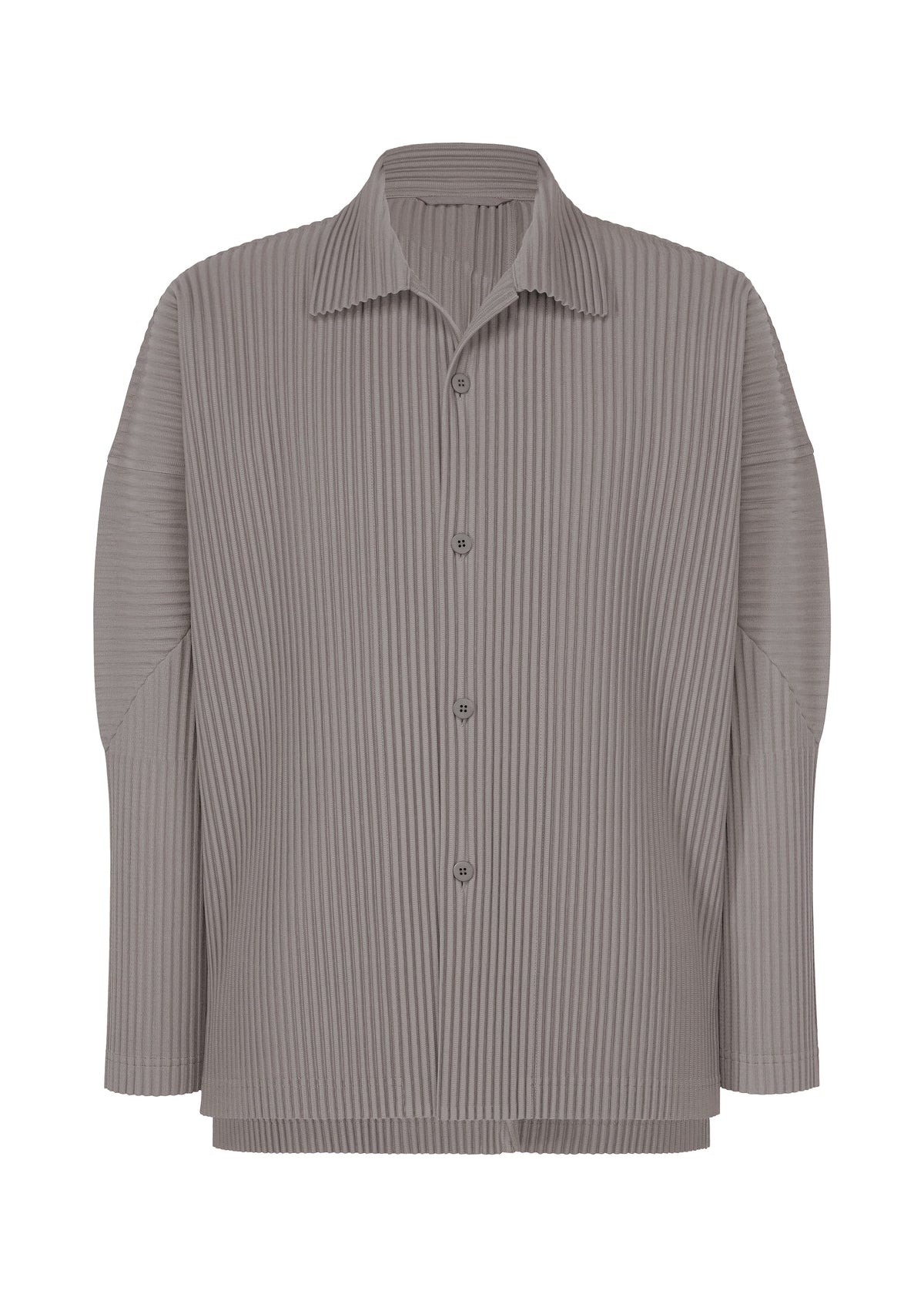 Zoomed view The MONTHLY COLORS : OCTOBER by HOMME PLISSÉ ISSEY MIYAKE is a light gray, long-sleeve, button-up shirt with a pointed open collar, vertical ribbed texture, relaxed fit, and quick-drying polyester fabric. - DIM GRAY （no.18）