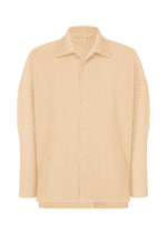 The MONTHLY COLORS : OCTOBER by HOMME PLISSÉ ISSEY MIYAKE is a beige, long-sleeve, button-up shirt with an open pointed collar and vertical ribbed texture in quick-drying polyester, shown on a plain white background. - GLOW CREAM （no.42）
