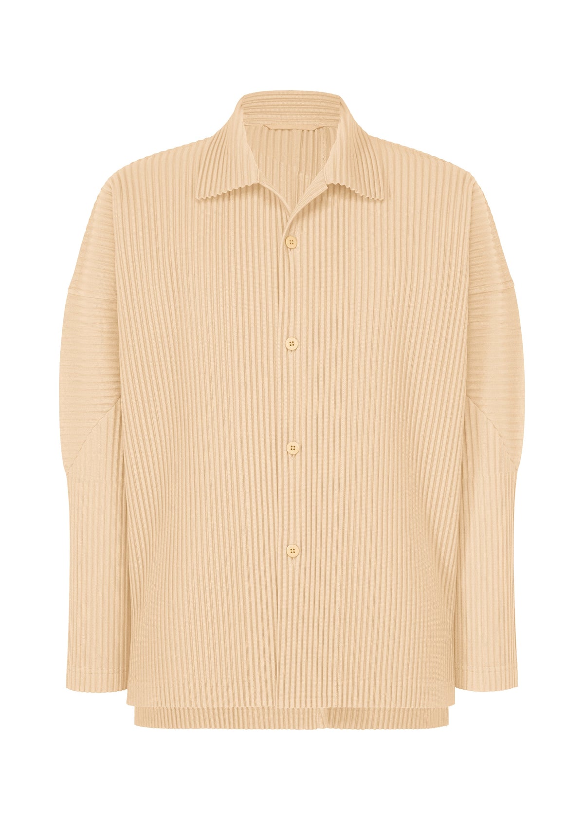 Zoomed view The MONTHLY COLORS : OCTOBER by HOMME PLISSÉ ISSEY MIYAKE is a beige, long-sleeve, button-up shirt with an open pointed collar and vertical ribbed texture in quick-drying polyester, shown on a plain white background. - GLOW CREAM （no.42）