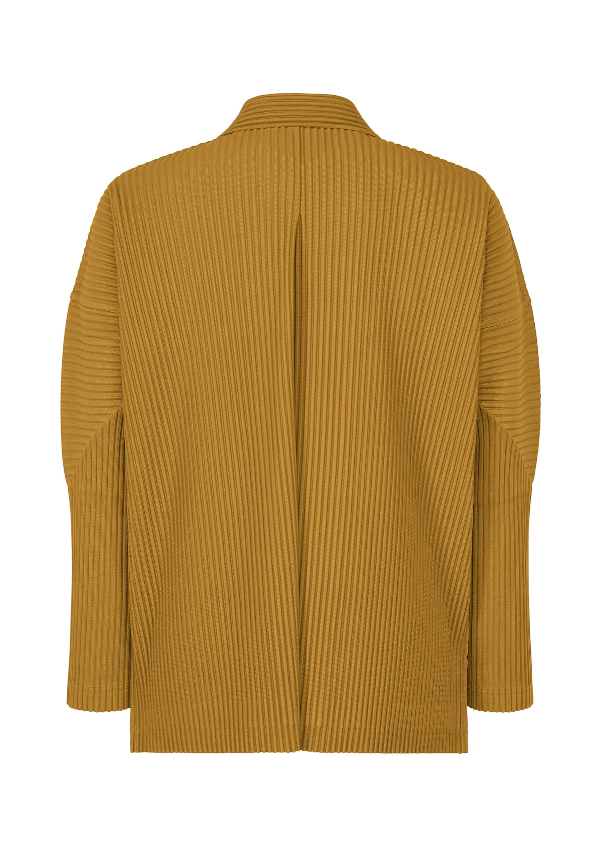 Back view of the MONTHLY COLORS : OCTOBER jacket by HOMME PLISSÉ ISSEY MIYAKE, in mustard yellow with long sleeves and vertical ribbed texture; made from quick-drying polyester, ideal for fall/winter. No visible closures or patterns. view 4 of 7