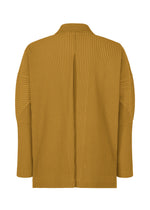 Back view of the MONTHLY COLORS : OCTOBER jacket by HOMME PLISSÉ ISSEY MIYAKE, in mustard yellow with long sleeves and vertical ribbed texture; made from quick-drying polyester, ideal for fall/winter. No visible closures or patterns.