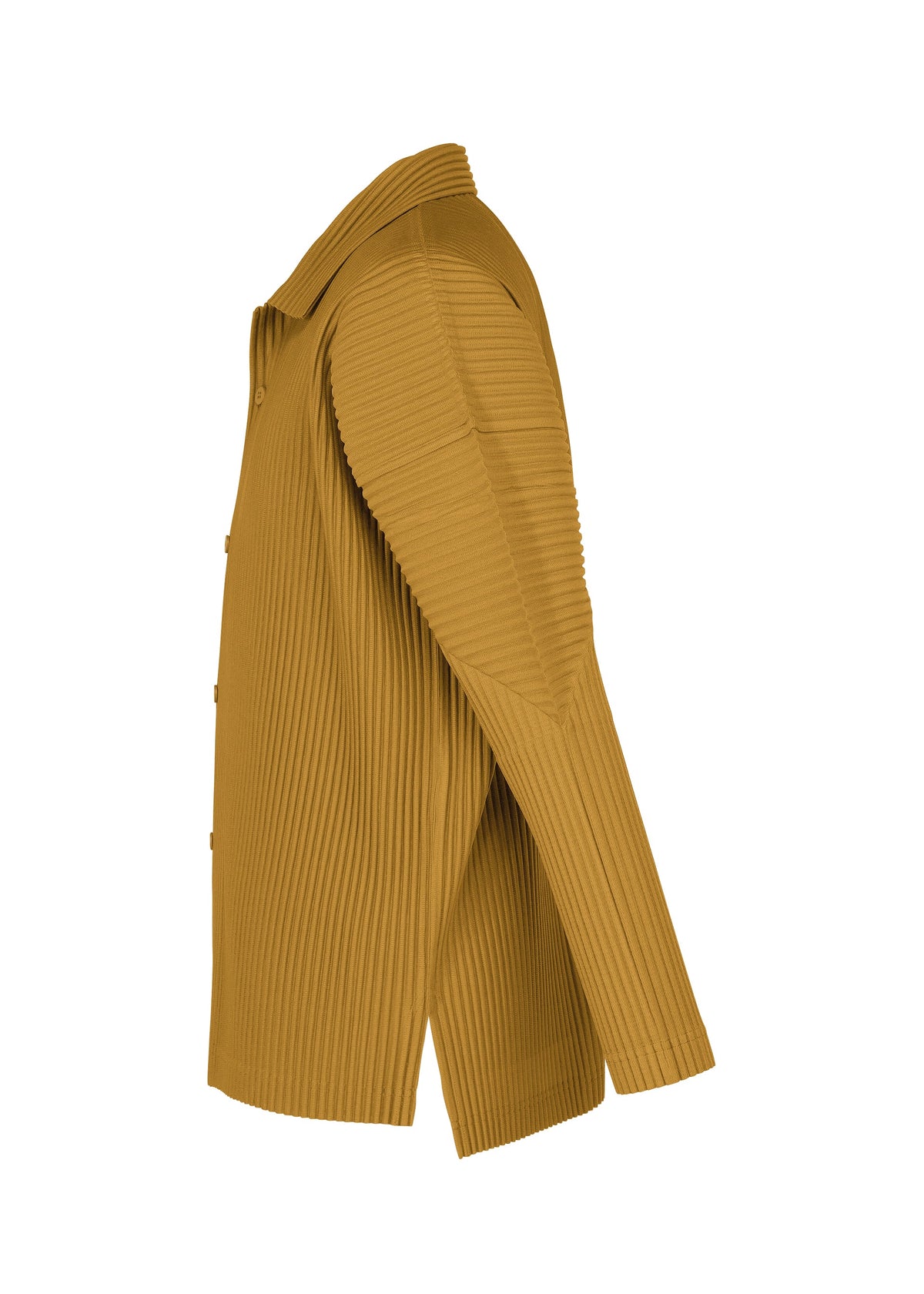 Zoomed view Side view of the MONTHLY COLORS : OCTOBER by HOMME PLISSÉ ISSEY MIYAKE—a long-sleeve, mustard yellow open collar shirt with pleated textured fabric, button-up front, straight hem, and quick-drying polyester.
