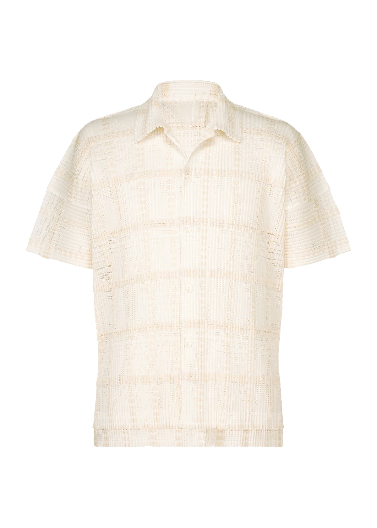LACE GRID PLEATS short-sleeve button-up shirt by HOMME PLISSÉ ISSEY MIYAKE, crafted from a cream-colored cotton-blend polyester featuring a subtle textured plaid pattern, pointed collar, and relaxed fit. view 1 of 6