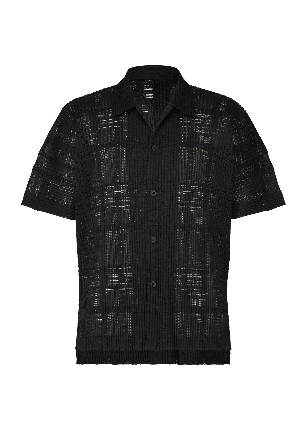 The LACE GRID PLEATS shirt by HOMME PLISSÉ ISSEY MIYAKE is a short-sleeve, black button-up with an open collar, featuring a subtle checkered, semi-sheer textured pattern. Crafted from a cotton-blend polyester that mimics delicate lace, the shirt is shown against a plain white background. view 2 of 6