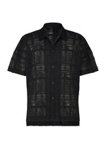 The LACE GRID PLEATS shirt by HOMME PLISSÉ ISSEY MIYAKE is a short-sleeve, black button-up with an open collar, featuring a subtle checkered, semi-sheer textured pattern. Crafted from a cotton-blend polyester that mimics delicate lace, the shirt is shown against a plain white background. - BLACK （no.15）