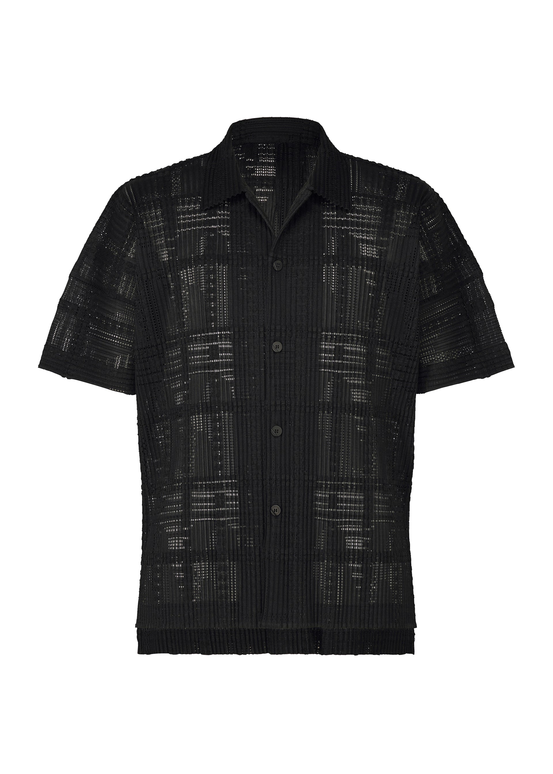Zoomed view The LACE GRID PLEATS shirt by HOMME PLISSÉ ISSEY MIYAKE is a short-sleeve, black button-up with an open collar, featuring a subtle checkered, semi-sheer textured pattern. Crafted from a cotton-blend polyester that mimics delicate lace, the shirt is shown against a plain white background. - BLACK （no.15）