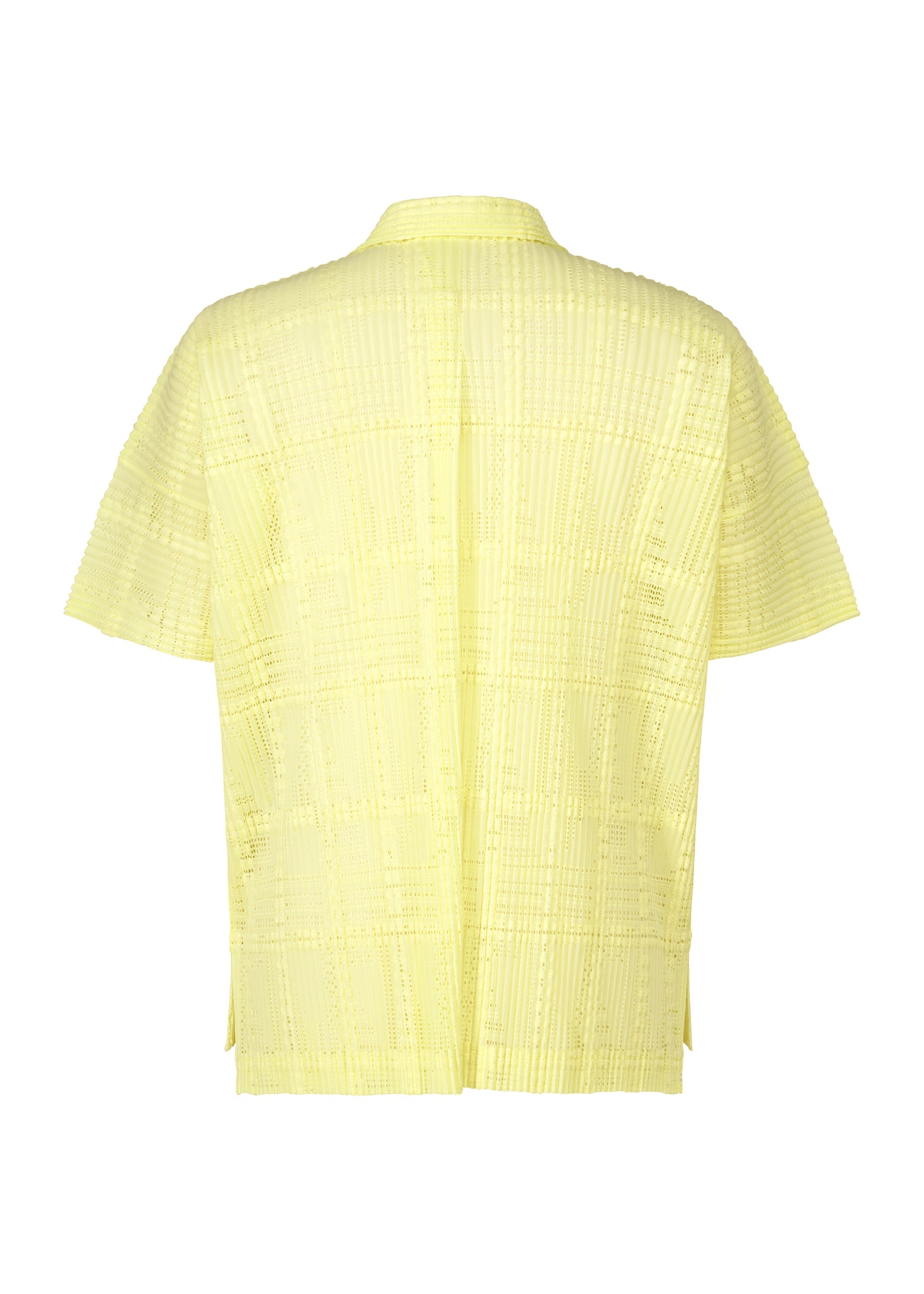 Zoomed view Back view of the LACE GRID PLEATS shirt by HOMME PLISSÉ ISSEY MIYAKE—a short-sleeve, light yellow open-collar piece with a relaxed fit, crafted from a cotton-blend polyester and featuring subtle vertical and horizontal grid patterns on its textured surface.