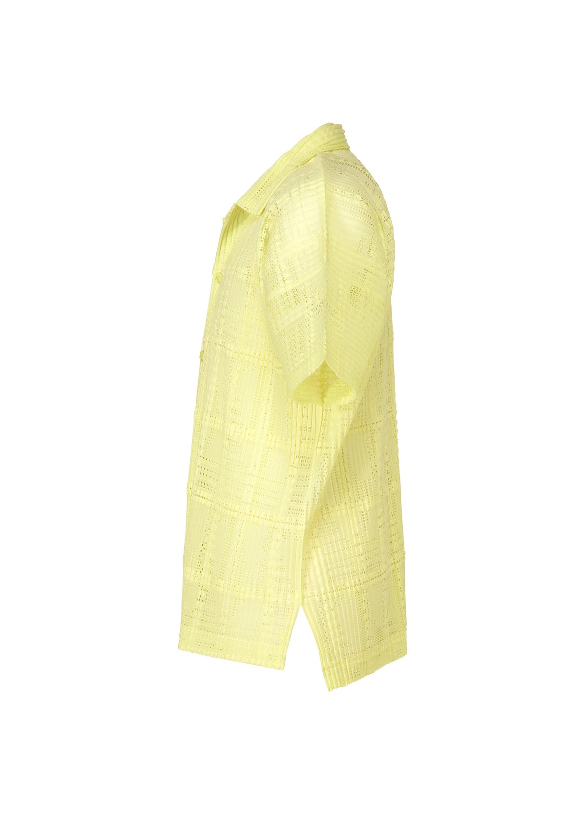 The LACE GRID PLEATS shirt by HOMME PLISSÉ ISSEY MIYAKE is a light yellow, short-sleeve open-collar top featuring a lace-like, semi-transparent plaid texture, displayed from the side against a white background. view 4 of 6