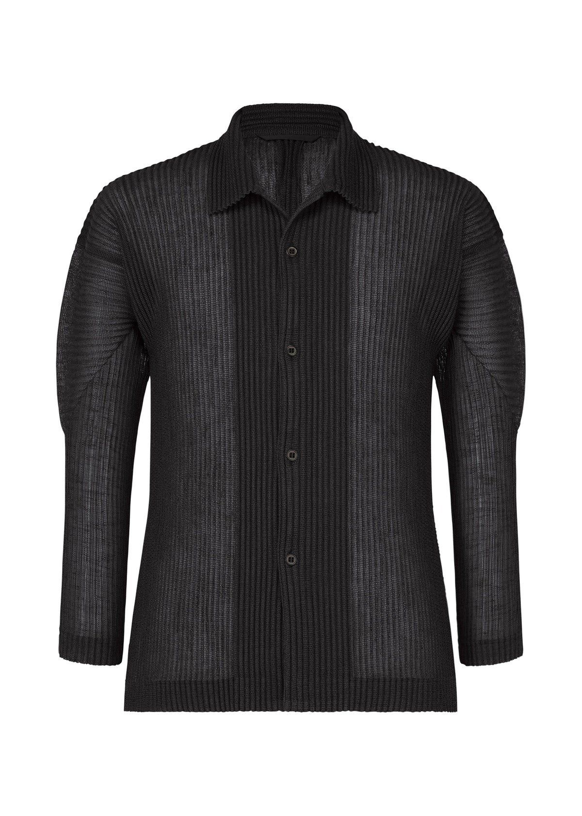 The RUSTIC MESH by HOMME PLISSÉ ISSEY MIYAKE is a black, long-sleeve, open collar shirt in ribbed semi-sheer mesh with classic details—ideal for layering. Shown on a plain white background. view 1 of 7