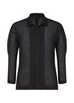 The RUSTIC MESH by HOMME PLISSÉ ISSEY MIYAKE is a black, long-sleeve, open collar shirt in ribbed semi-sheer mesh with classic details—ideal for layering. Shown on a plain white background. - BLACK （no.15）