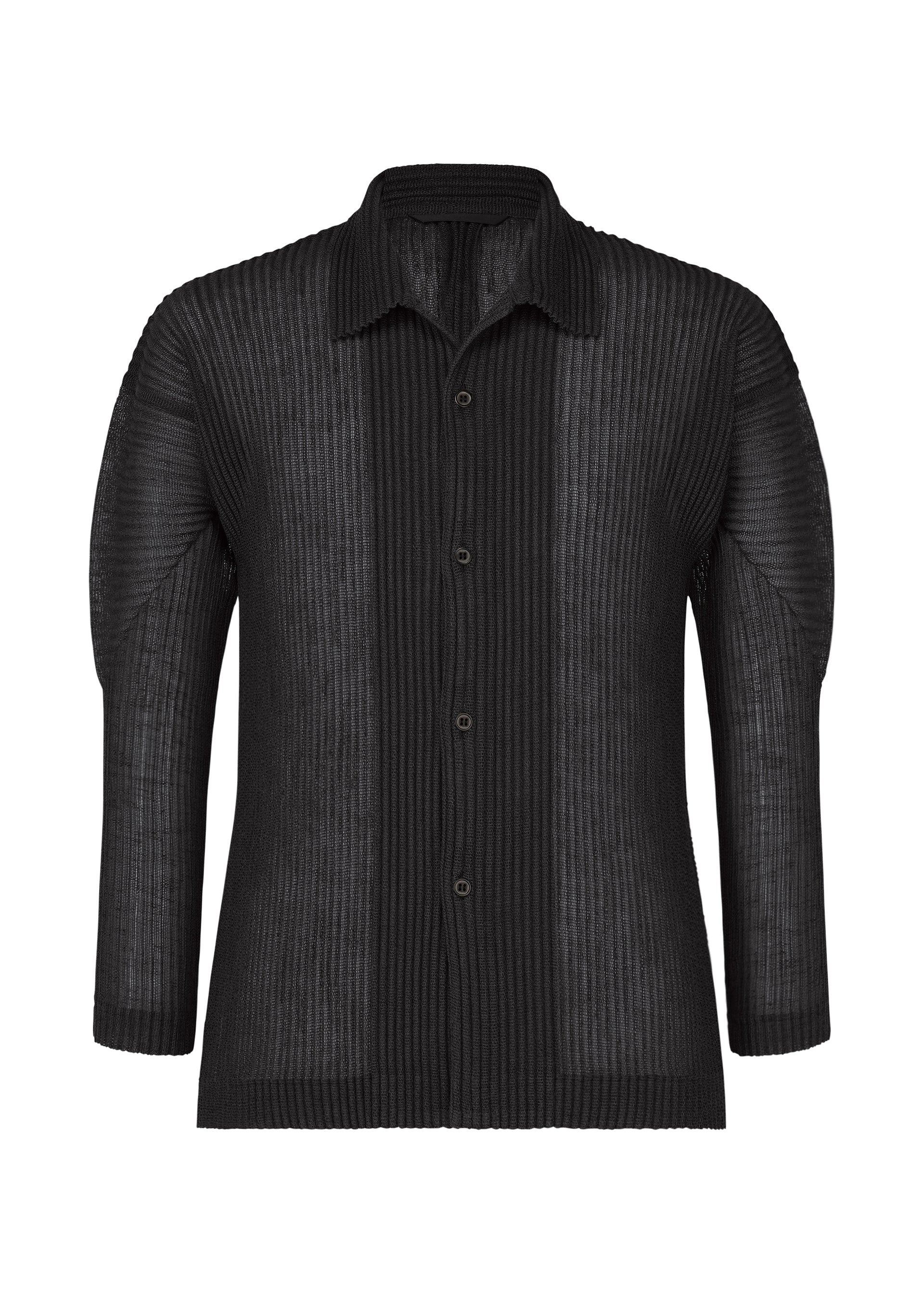 Zoomed view The RUSTIC MESH by HOMME PLISSÉ ISSEY MIYAKE is a black, long-sleeve, open collar shirt in ribbed semi-sheer mesh with classic details—ideal for layering. Shown on a plain white background. - BLACK （no.15）