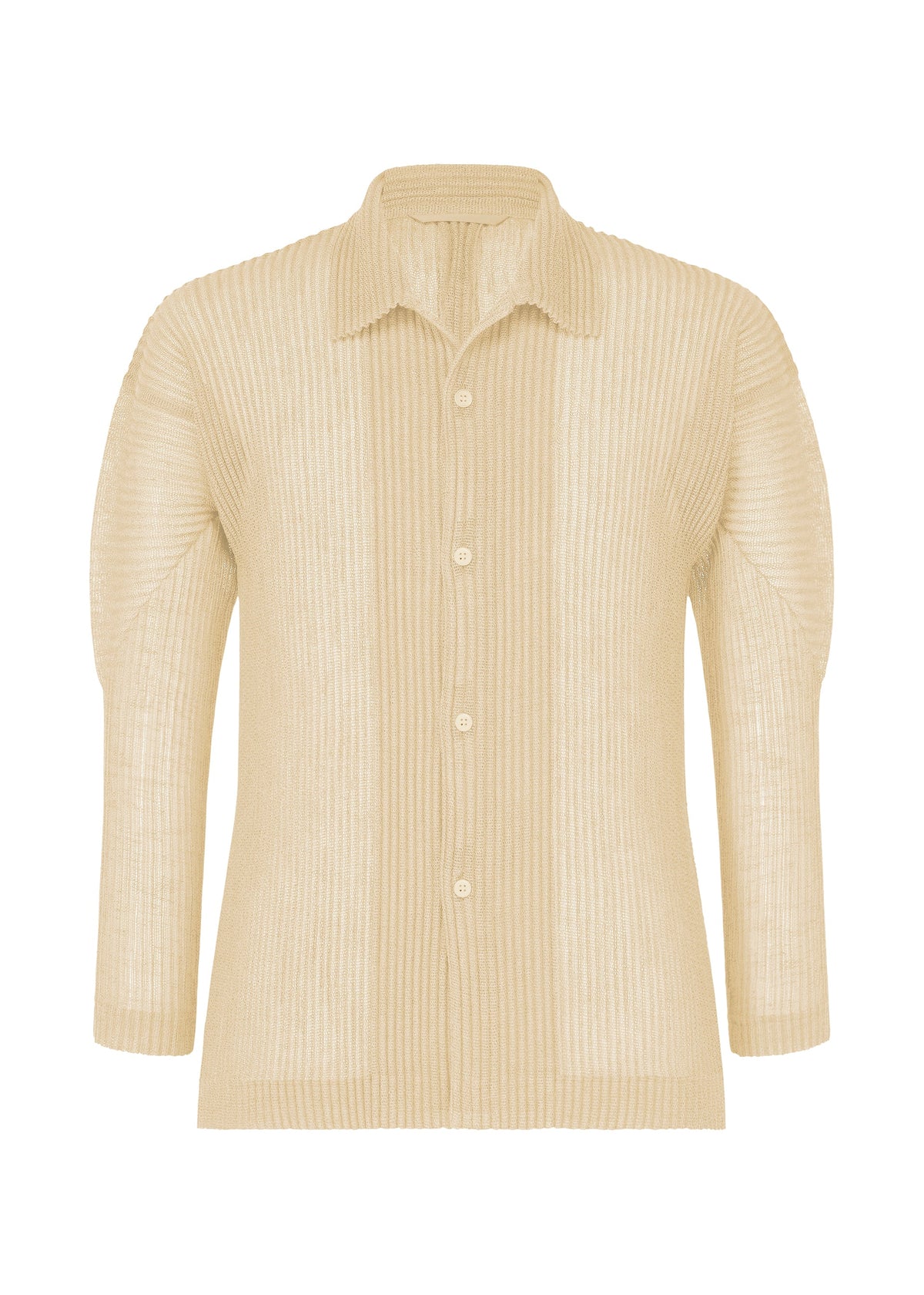 The RUSTIC MESH by HOMME PLISSÉ ISSEY MIYAKE is a beige, long-sleeve ribbed button-up shirt with an open collar. Crafted from lightweight, semi-sheer mesh for an airy feel, it's versatile and displayed against a white background. view 2 of 7