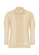 The RUSTIC MESH by HOMME PLISSÉ ISSEY MIYAKE is a beige, long-sleeve ribbed button-up shirt with an open collar. Crafted from lightweight, semi-sheer mesh for an airy feel, it's versatile and displayed against a white background. - IVORY （no.41）