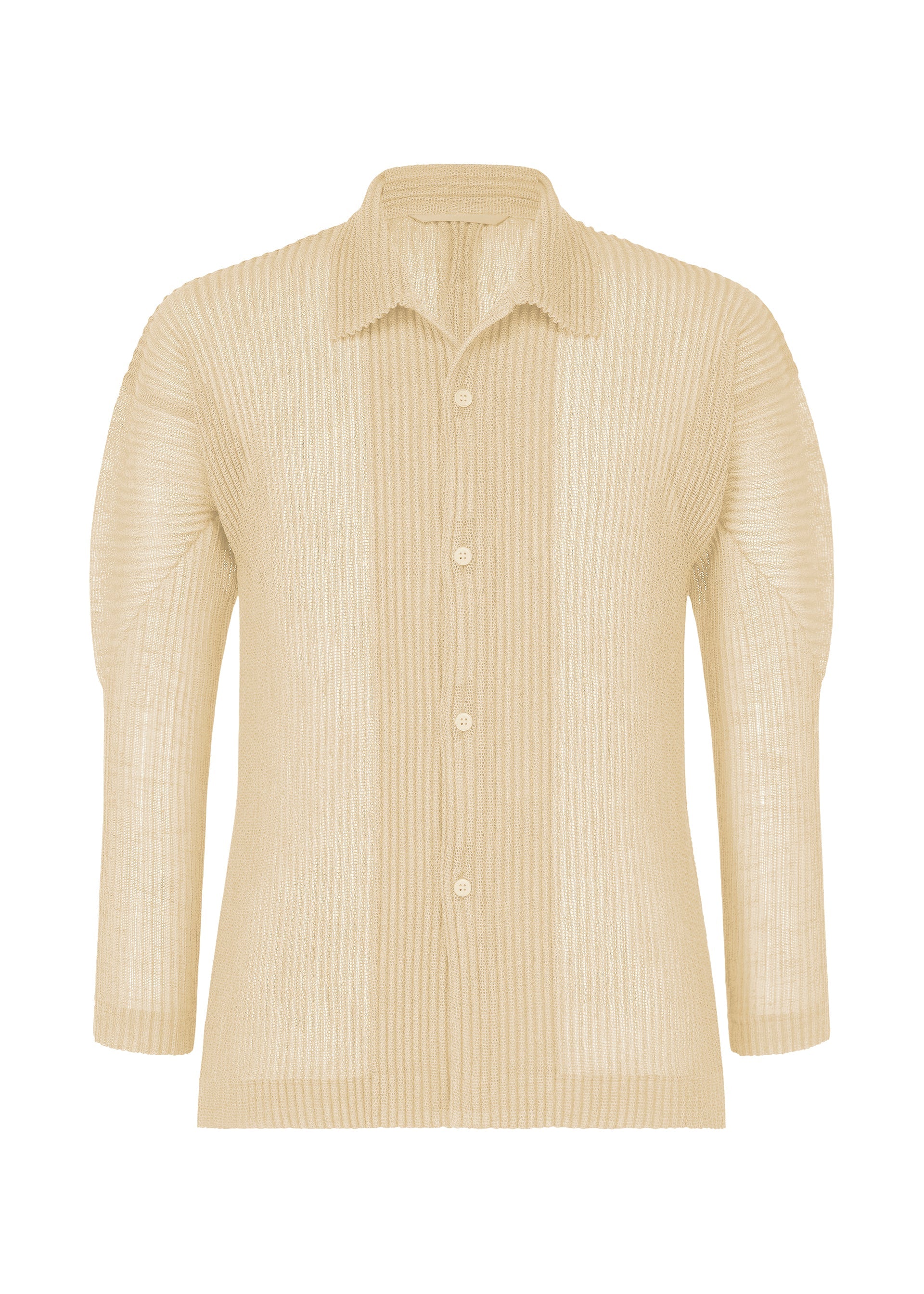 Zoomed view The RUSTIC MESH by HOMME PLISSÉ ISSEY MIYAKE is a beige, long-sleeve ribbed button-up shirt with an open collar. Crafted from lightweight, semi-sheer mesh for an airy feel, it's versatile and displayed against a white background. - IVORY （no.41）