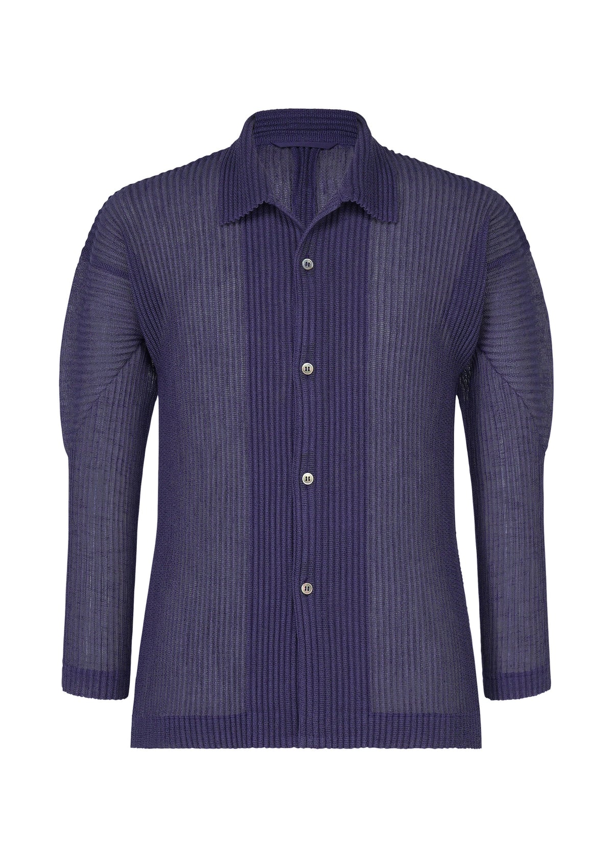 The RUSTIC MESH by HOMME PLISSÉ ISSEY MIYAKE is a deep purple long-sleeve shirt with a ribbed open collar, button-down front, and semi-sheer mesh fabric featuring vertical stripes for added texture and style. view 3 of 7