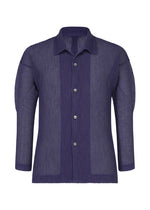 The RUSTIC MESH by HOMME PLISSÉ ISSEY MIYAKE is a deep purple long-sleeve shirt with a ribbed open collar, button-down front, and semi-sheer mesh fabric featuring vertical stripes for added texture and style. - BLUE （no.72）