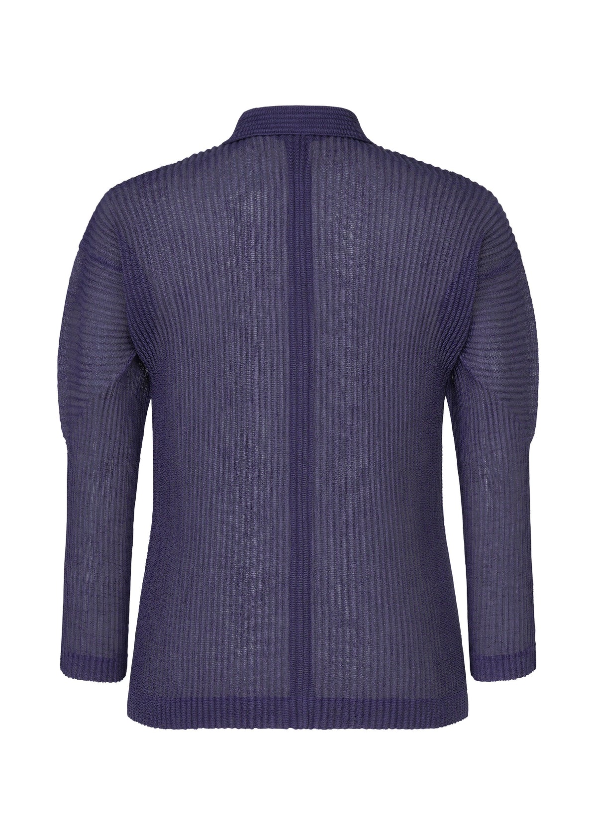 Back view of the RUSTIC MESH long-sleeved, ribbed, semi-sheer purple sweater by HOMME PLISSÉ ISSEY MIYAKE with mesh material, a straight hem, and a simple collar. view 4 of 7