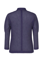 Back view of the RUSTIC MESH long-sleeved, ribbed, semi-sheer purple sweater by HOMME PLISSÉ ISSEY MIYAKE with mesh material, a straight hem, and a simple collar.