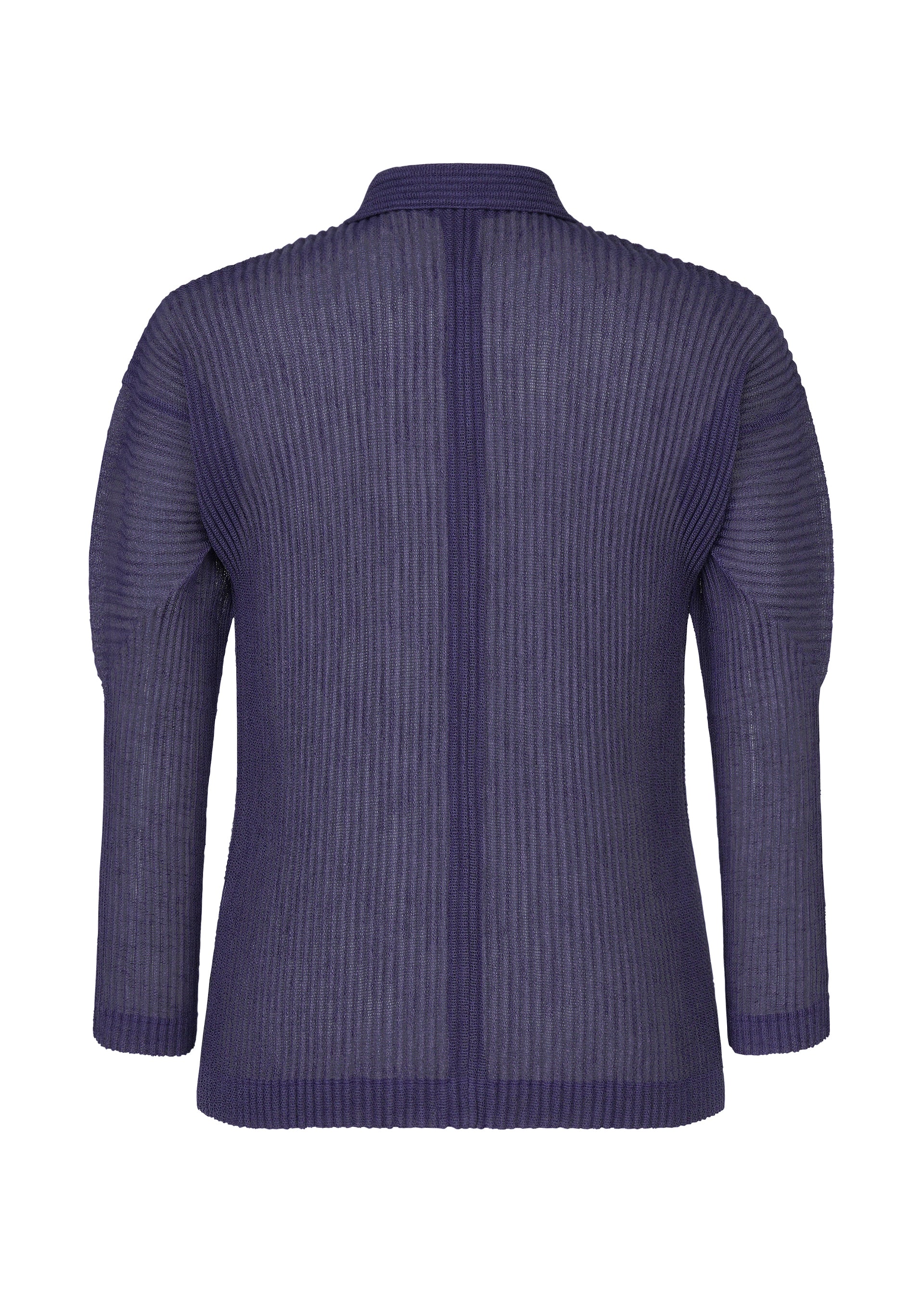 Zoomed view Back view of the RUSTIC MESH long-sleeved, ribbed, semi-sheer purple sweater by HOMME PLISSÉ ISSEY MIYAKE with mesh material, a straight hem, and a simple collar.