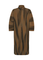 The BLEND OF LIGHTS shirt dress by HOMME PLISSÉ ISSEY MIYAKE features brown and black vertical stripes, a regular collar, 3/4 sleeves, and a loose fit for a stylish, comfortable look.