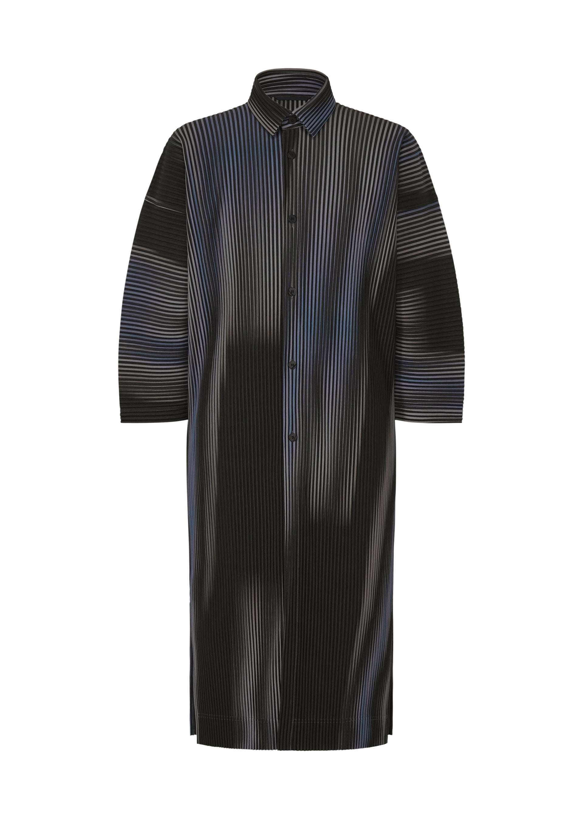 Zoomed view The BLEND OF LIGHTS shirt dress by HOMME PLISSÉ ISSEY MIYAKE features a regular collar, vertical white pinstripes, three-quarter sleeves, and a loose straight silhouette for a modern look. - BLUE （no.72）