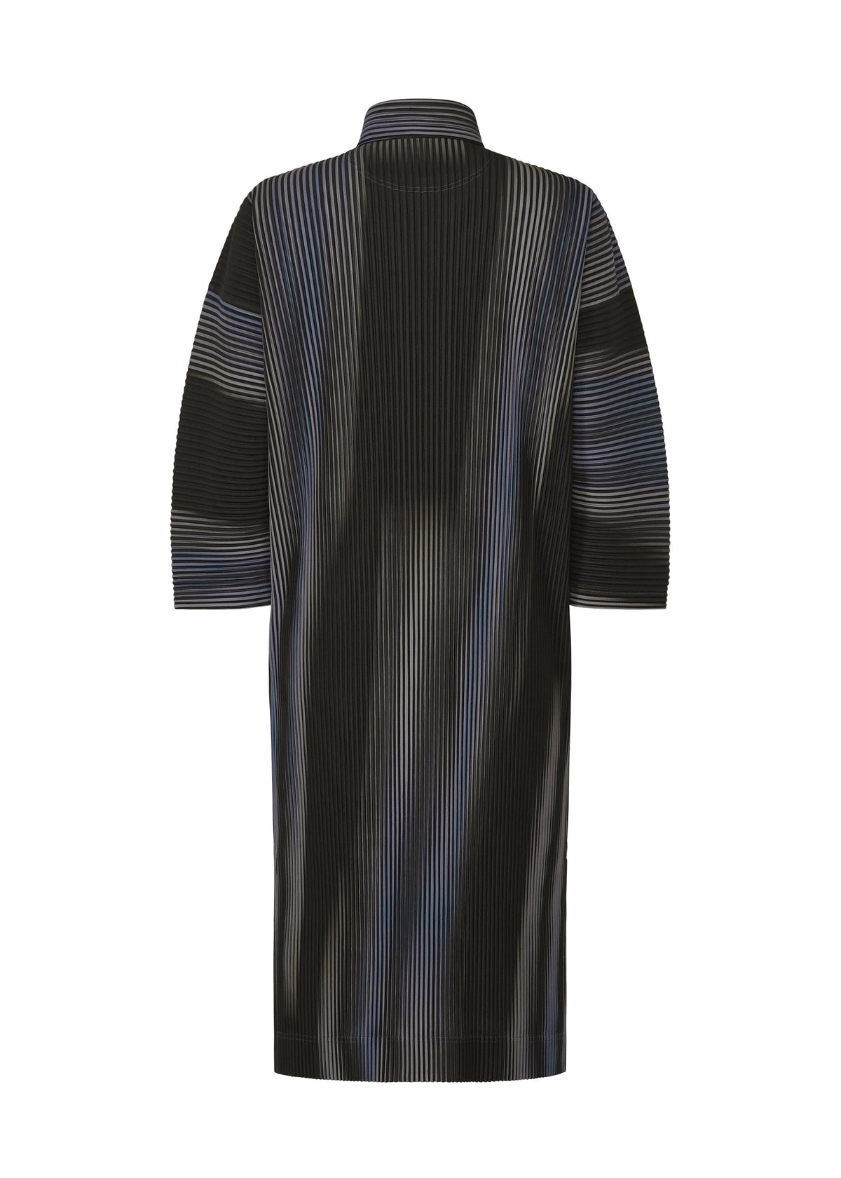 The BLEND OF LIGHTS coat by HOMME PLISSÉ ISSEY MIYAKE features a unique black and gray striped pattern, high collar, and three-quarter sleeves. Displayed flat on a white background, the image highlights the back view. view 4 of 7