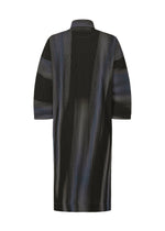 The BLEND OF LIGHTS coat by HOMME PLISSÉ ISSEY MIYAKE features a unique black and gray striped pattern, high collar, and three-quarter sleeves. Displayed flat on a white background, the image highlights the back view.