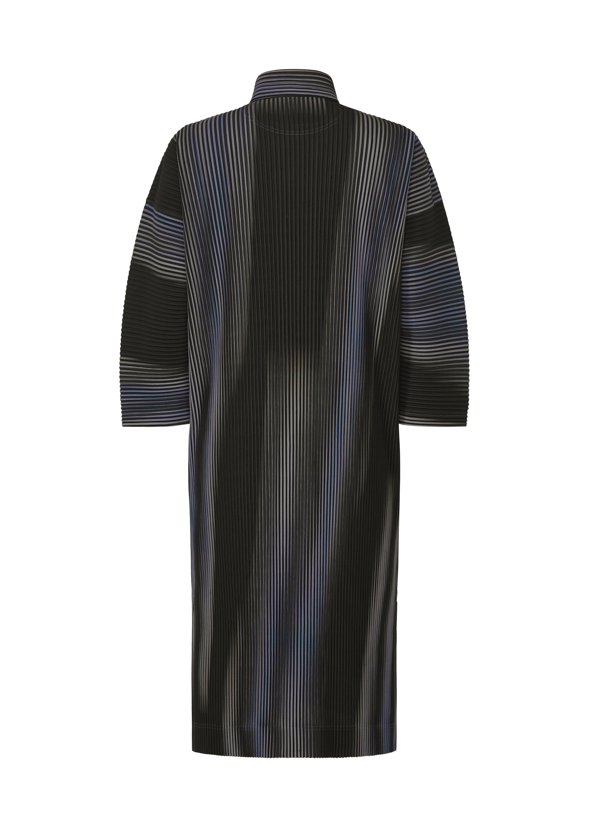 Zoomed view The BLEND OF LIGHTS coat by HOMME PLISSÉ ISSEY MIYAKE features a unique black and gray striped pattern, high collar, and three-quarter sleeves. Displayed flat on a white background, the image highlights the back view.