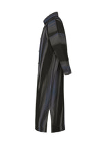 The BLEND OF LIGHTS coat by HOMME PLISSÉ ISSEY MIYAKE is a long, collared, button-up style with vertical black, blue, and white stripes in a unique pattern and textured pleats. Shown from the side against a white background.